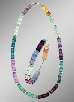 Best Wunderschöne Garnitur mit Hämatit, beh. und Fluorit in Multicolor Damen Halsketten|Armbänder